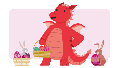 Draig goch yn dal basged Pasg gydag wyau lliwgar. Y naill ochr a'r llall i'r ddraig mae dau gwningen, un llwyd ac un frown, hefyd yn dal basgedi ac wyau Pasg.